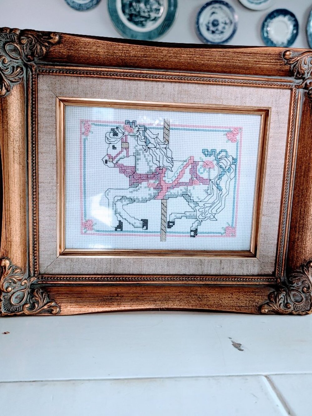 VTG Golden Bee Counted Cross Stitch Carousel Horse #60354 Framed 10x12 Nursery
